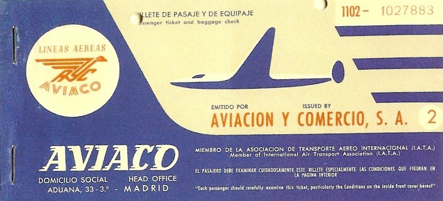 aerop. Billete de Aviaco. Años 50