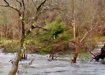 Buratos e unha pasarela no medio do río, consecuencias da crecida do Tea