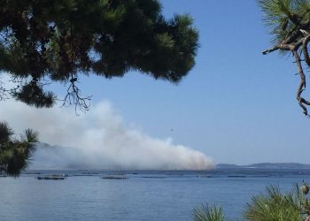 Efectivos anti incendios luchan contra un fuego forestal declarado en Cangas
