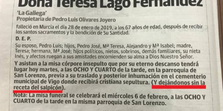 La esquela viral de la viguesa que se llevó consigo el secreto de su receta de salpicón