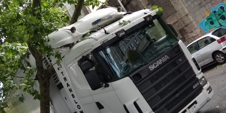 Un camión, atrapado por un árbol en Vigo