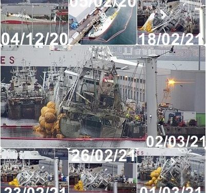 El «Baffin Bay» sale a flote en la dársena de Bouzas