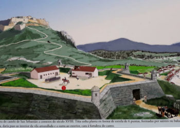 Dibujo de los castillos de San Sebastián y Castro en el siglo XVIII.