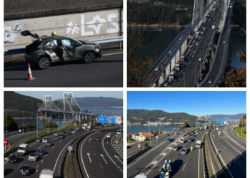 Colapso total de tráfico en Rande por un accidente entre un camión y dos coches