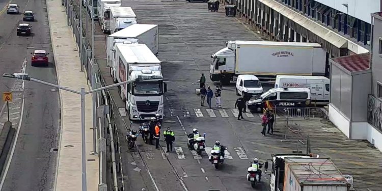 Sale escoltado desde el puerto de Vigo un convoy de 26 camiones rumbo a los mercados centrales