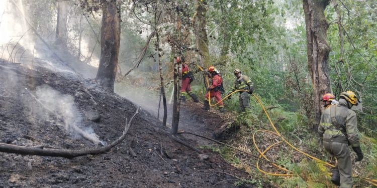 El fuego da un respiro en el área de Vigo: extinguido el incendio de Padróns y controlado el de Barcela
