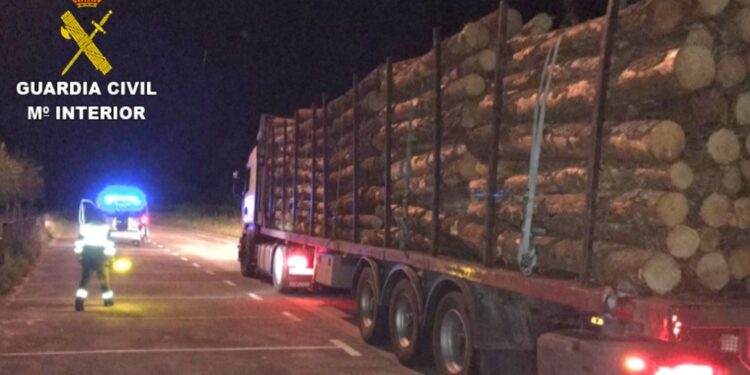 Interceptan en Tui un camión de transporte de madera con un exceso de carga de más de 13 toneladas