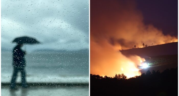 Agua y fuego sobre Galicia: arden 150 hectáreas en el interior; lluvias de más de 50 lm/2 en la costa