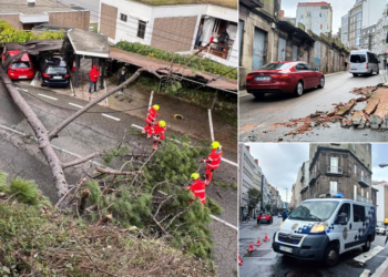 Un árbol se desploma sobre el aparcamiento de una urbanización y corta el tráfico entre Samil y Coruxo