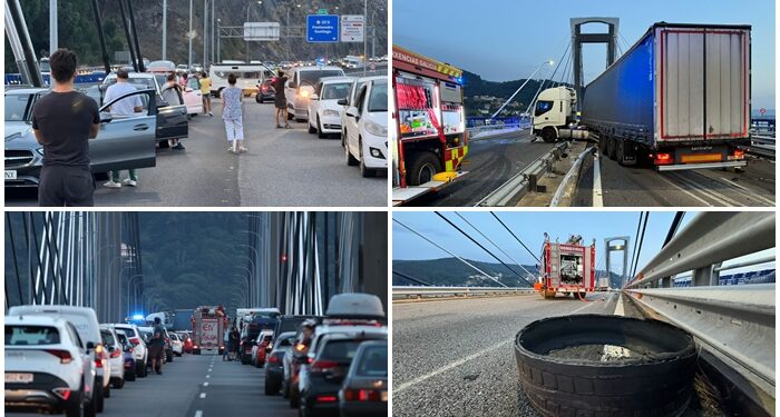 Un camión revienta una rueda y se cruza en el puente de Rande: otro caos en la AP-9 durante horas