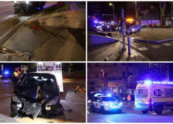 Daños en la Praza de América al empotrarse un vehículo contra un acceso peatonal