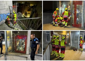 Atrapados en un ascensor urbano en Vigo: los Bomberos rescatan a ocho personas, entre ellos un bebé, y un perro