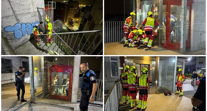 Atrapados en un ascensor urbano en Vigo: los Bomberos rescatan a ocho personas, entre ellos un bebé, y un perro