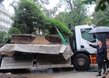 Accidentada mudanza del símbolo de Vigo: Dinoseto se va de la Alameda sin billete de vuelta