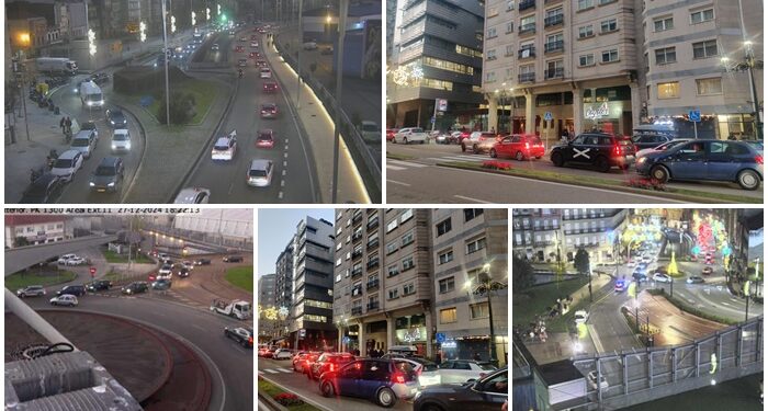 Jornada de caos en el centro de Vigo con retenciones y tráfico muy lento por las luces de Navidad