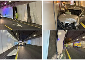 Varios paneles del túnel de A Cañiza se desprenden por un accidente y obligan a cortar un carril