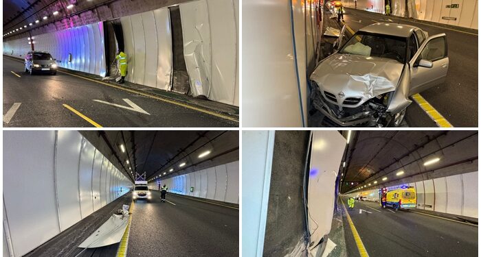 Varios paneles del túnel de A Cañiza se desprenden por un accidente y obligan a cortar un carril