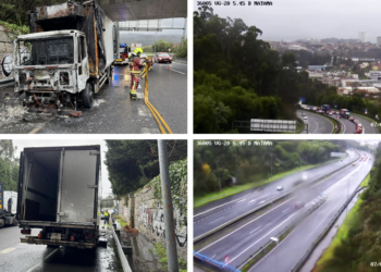 Colapso en el segundo cinturón de Vigo por el incendio de un camión
