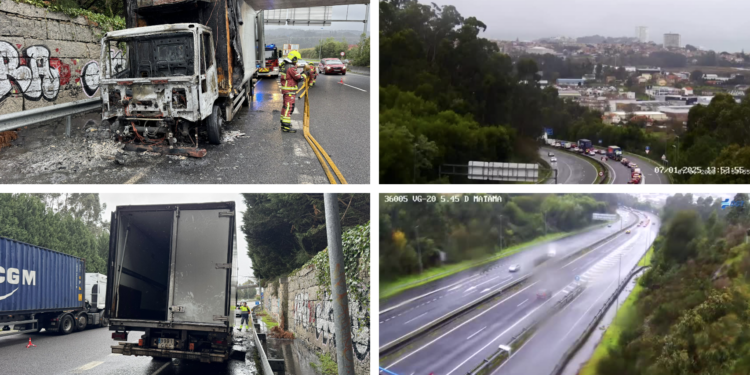 Colapso en el segundo cinturón de Vigo por el incendio de un camión