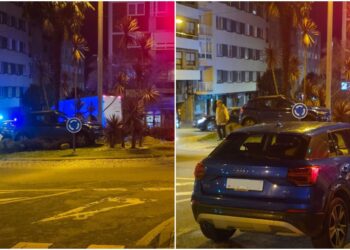 Aparatoso accidente de un vehículo que terminó sobre una rotonda