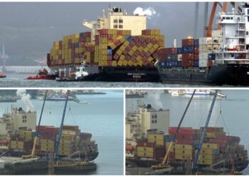 Así fue el «complicado» operativo para asegurar y recolocar la carga del portacontenedores MSC Houston