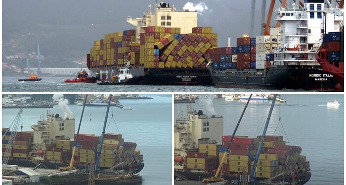 Así fue el «complicado» operativo para asegurar y recolocar la carga del portacontenedores MSC Houston