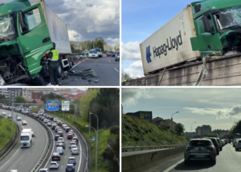 Colapso en la autopista tras el aparatoso accidente de un camión en la entrada a Vigo