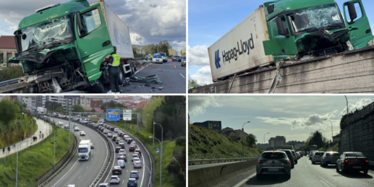 Colapso en la autopista tras el aparatoso accidente de un camión en la entrada a Vigo