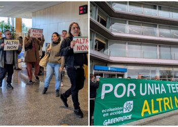 Un grupo de ecologistas se ‘cuela’ en la Xunta en Vigo para protestar por el «atentado» de Altri