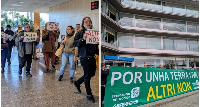Un grupo de ecologistas se ‘cuela’ en la Xunta en Vigo para protestar por el «atentado» de Altri