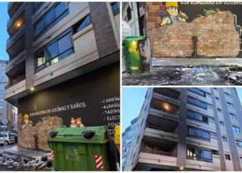 Susto en Vigo al arder un contenedor, provocando daños en la fachada de un edificio