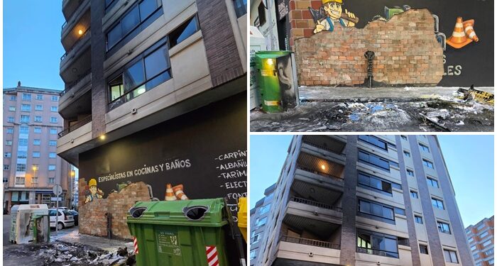 Susto en Vigo al arder un contenedor, provocando daños en la fachada de un edificio