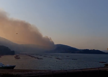 Los efectivos tratan de acotar el incendio forestal de Vilaboa para proteger las viviendas