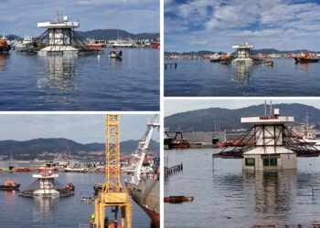 Una operación inédita y milimétrica ha botado un visor submarino único en España a la Ría de Vigo