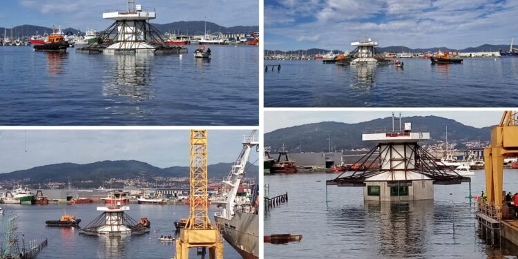 Una operación inédita y milimétrica ha botado un visor submarino único en España a la Ría de Vigo