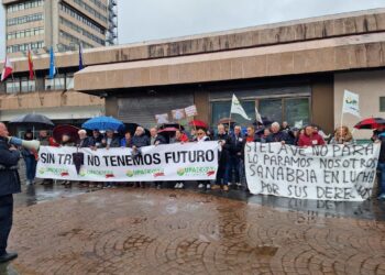 Vecinos de Sanabria protesta en Vigo por la supresión de paradas de AVE: «Cuidadito Caballero»