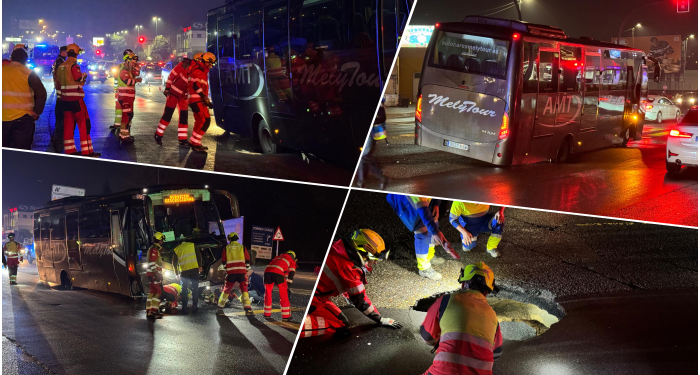 La Avenida de Madrid se hunde y atrapa a un bus con pasajeros