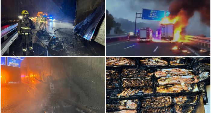 Cortada la AP9 entre Vigo y O Porriño al arder el remolque de un camión cargado con langostinos