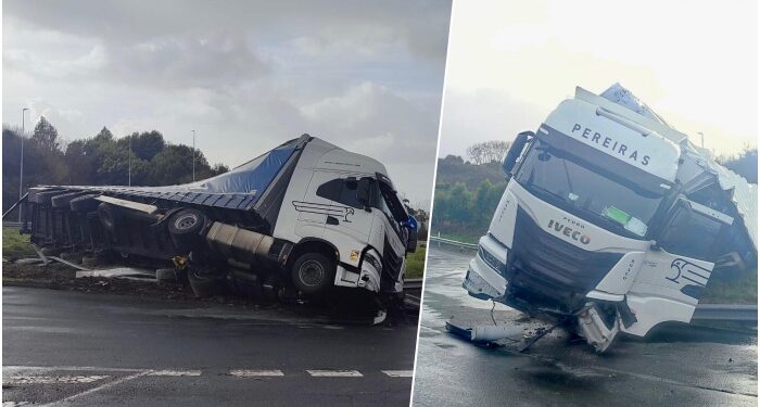 Aparatoso accidente en la VG20: un camión vuelca en la salida de Matamá