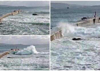 Así se vive la alerta naranja: en Ons las olas saltan el muelle y los ríos, con riesgo de desbordamiento