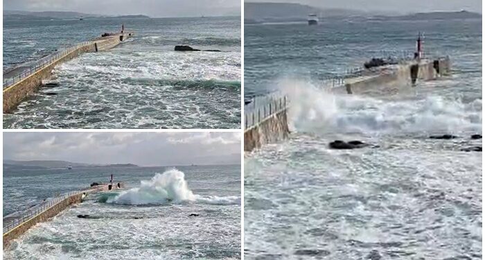 Así se vive la alerta naranja: en Ons las olas saltan el muelle y los ríos, con riesgo de desbordamiento